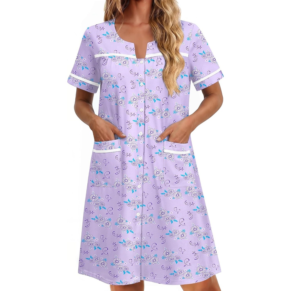 image:imageEkouaer Nightgowns for Women Cotton House Dress with Pockets Button DusterPurple Florals