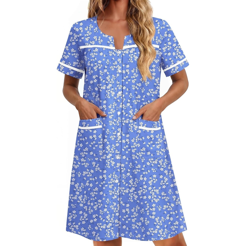 image:imageEkouaer Nightgowns for Women Cotton House Dress with Pockets Button DusterWhite Green Flower