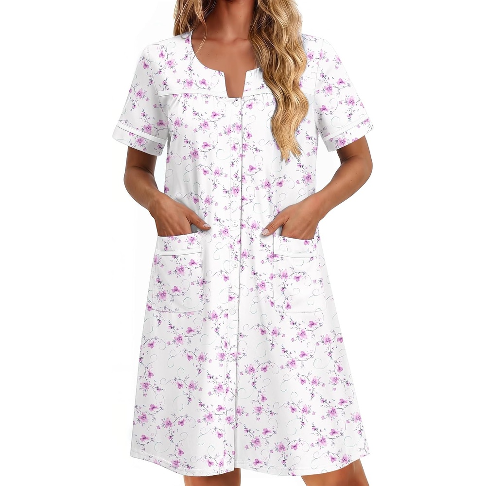 image:imageEkouaer Nightgowns for Women Cotton House Dress with Pockets Button DusterWhite Purple Floral