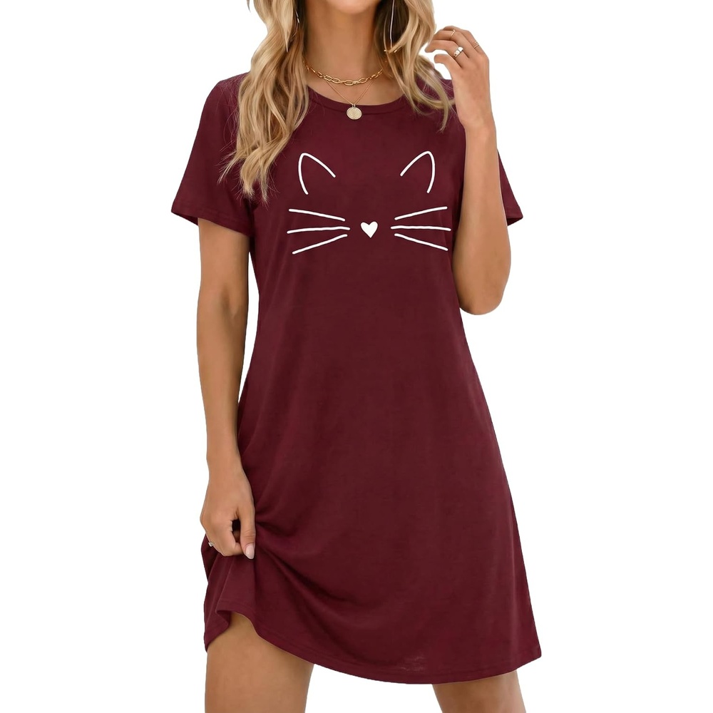image:imageEkouaer Nightgowns for Women Short Sleeve Night Dress Printed SleepwearWine Red Cat