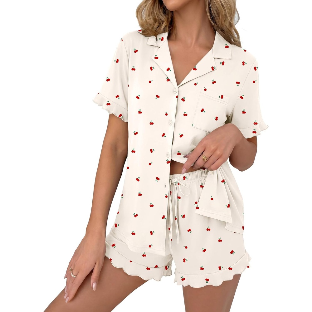 image:imageEkouaer Pajamas Set for Women Button Down Pjs Lounge Sets Ruffle SleepwearBeige Cherry
