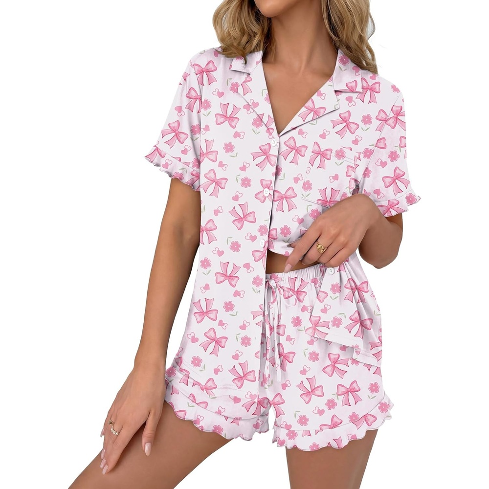 image:imageEkouaer Pajamas Set for Women Button Down Pjs Lounge Sets Ruffle SleepwearPink Bow