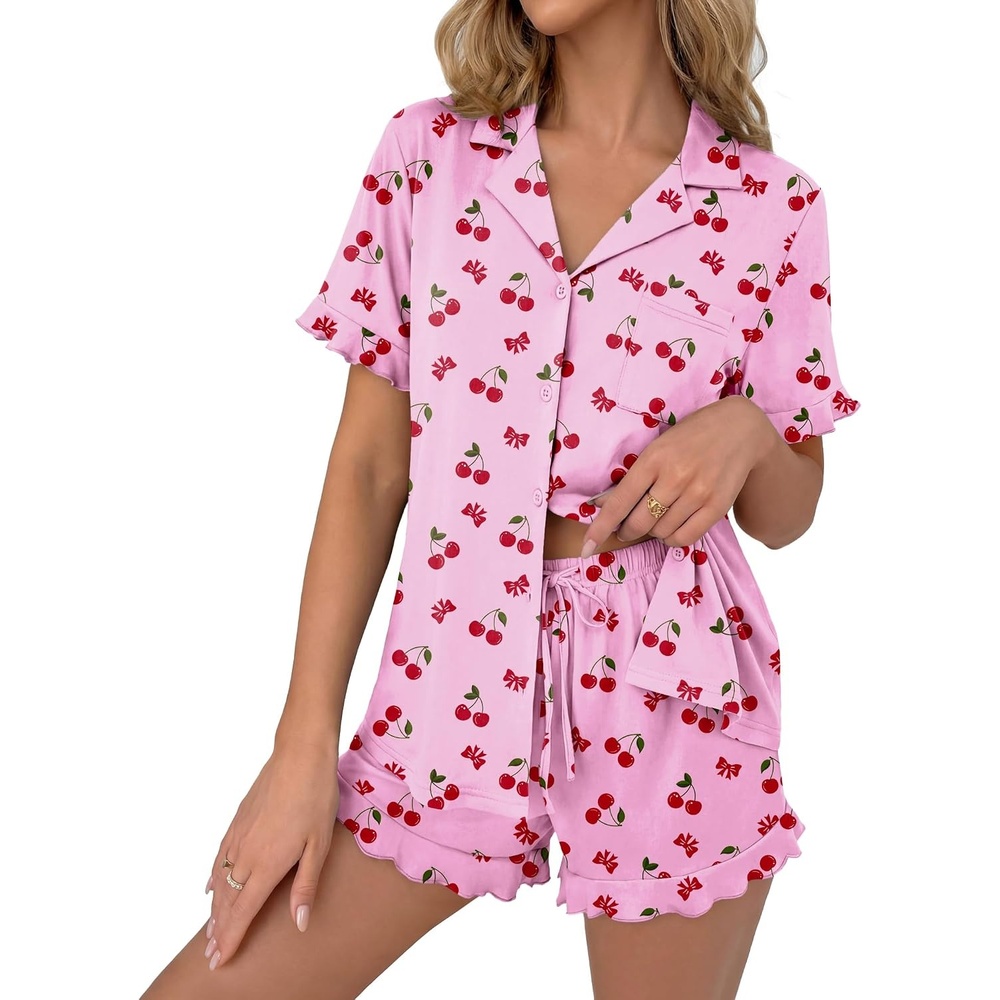 image:imageEkouaer Pajamas Set for Women Button Down Pjs Lounge Sets Ruffle SleepwearPink Cherry