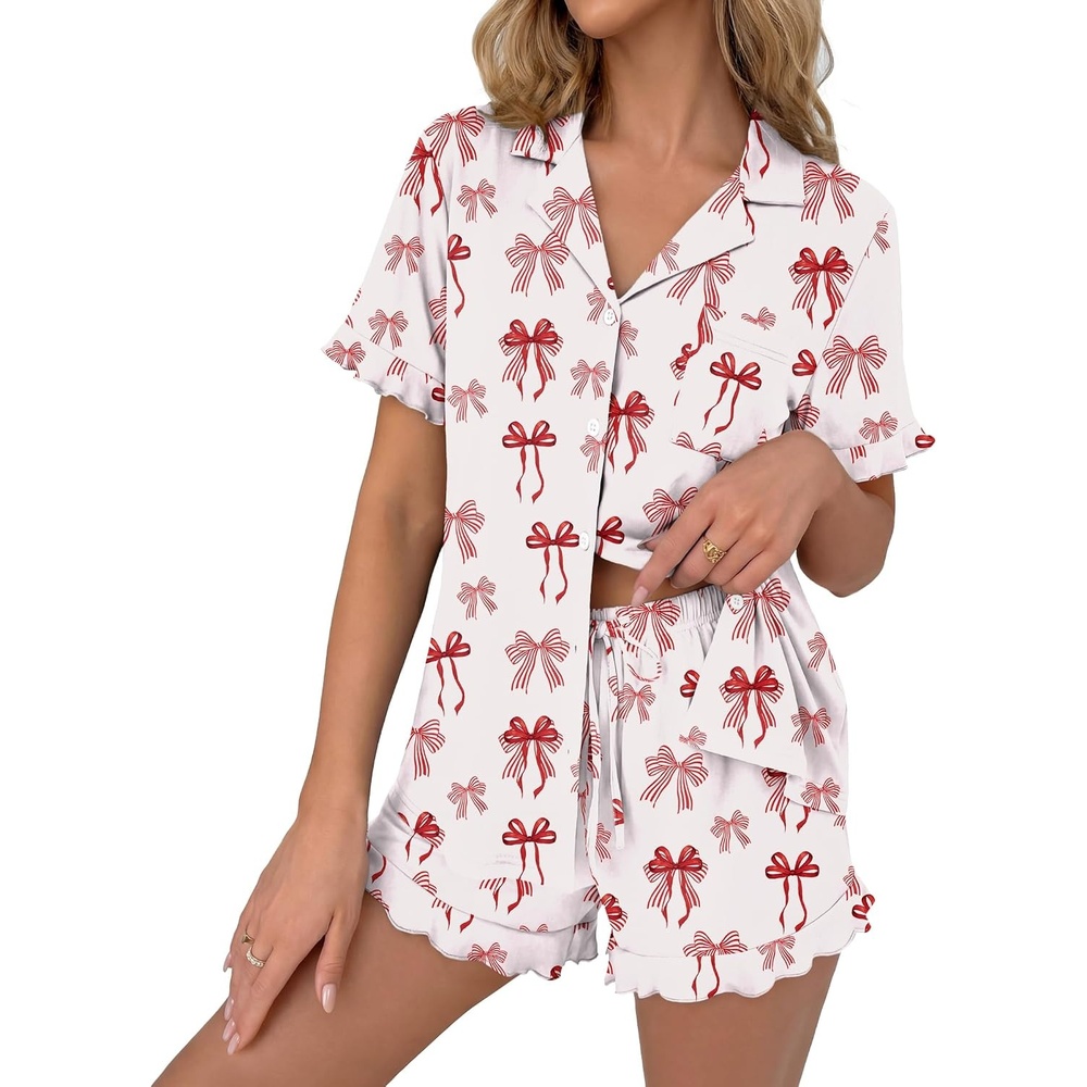 image:imageEkouaer Pajamas Set for Women Button Down Pjs Lounge Sets Ruffle SleepwearWhite With Red Bow