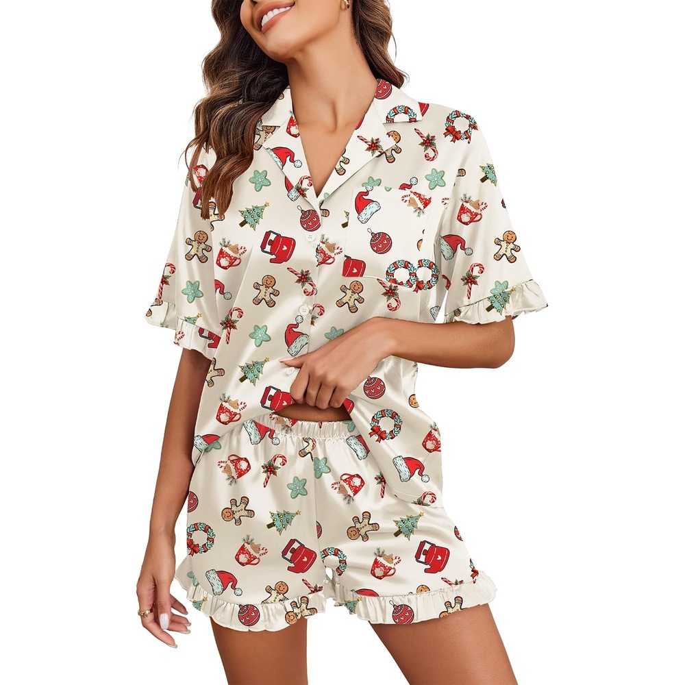image:imageEkouaer Satin Pajama Set for Women 2 Piece Pj Sets Short Sleeve SleepwearLight ApricotCandy Cane