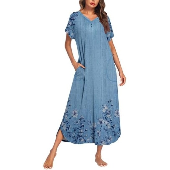 image:imageEkouaer Womens Nightgown Long Nightgowns Full Length Moo Moos with PocketsBlue Ink Flower