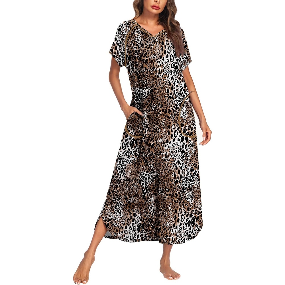 image:imageEkouaer Womens Nightgown Long Nightgowns Full Length Moo Moos with PocketsBrown Leopard Print