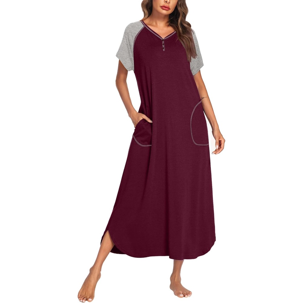 image:imageEkouaer Womens Nightgown Long Nightgowns Full Length Moo Moos with PocketsFuchsiaGrey
