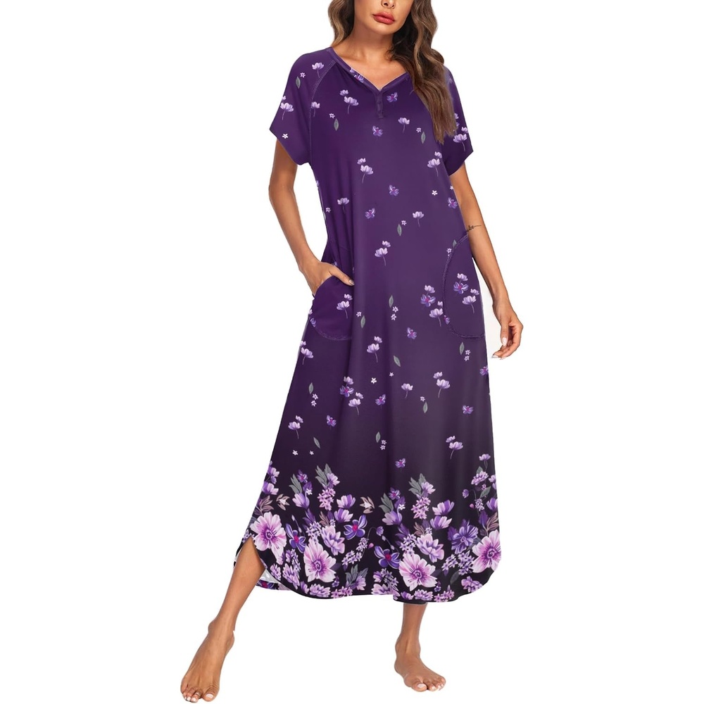 image:imageEkouaer Womens Nightgown Long Nightgowns Full Length Moo Moos with PocketsPurple Flower