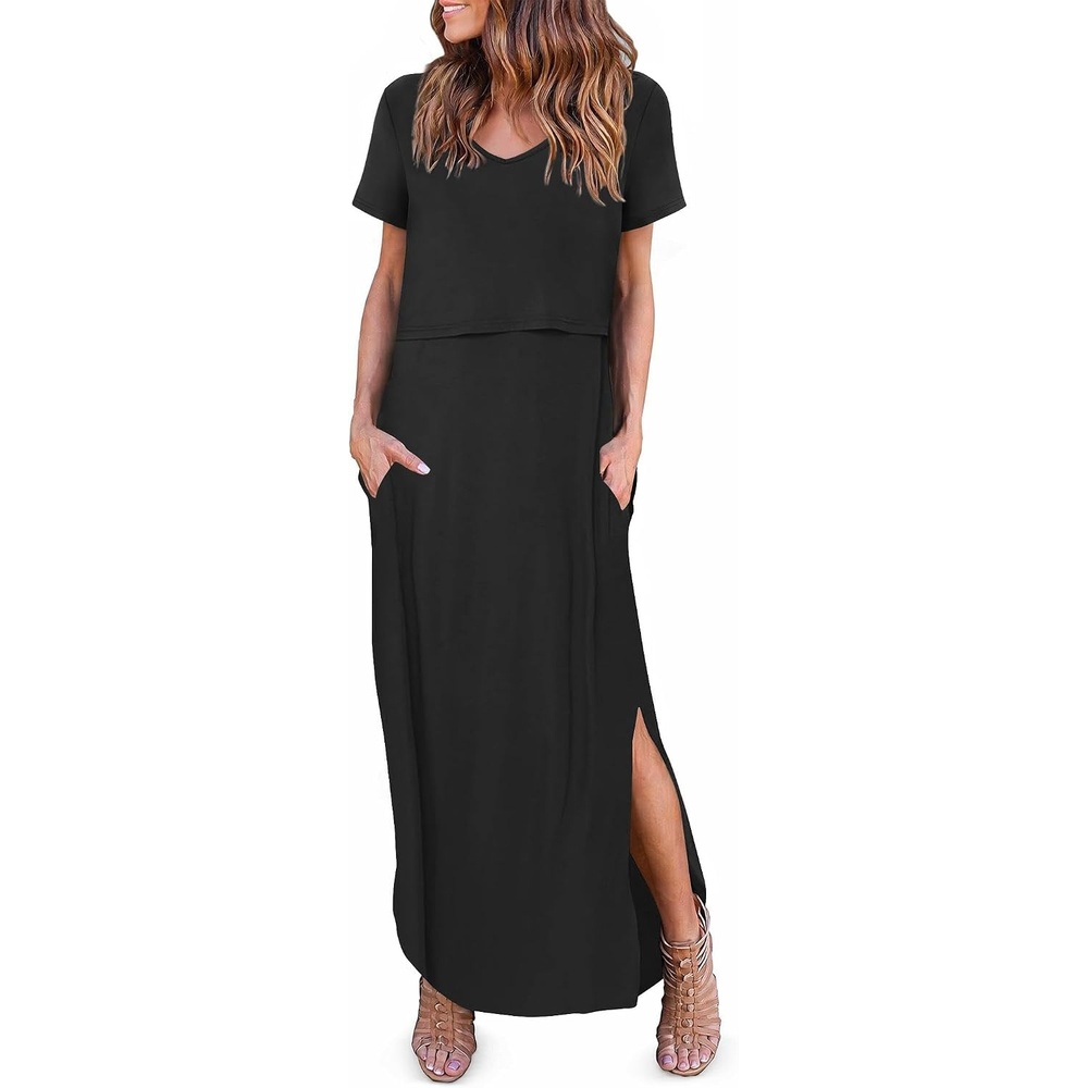 image:imageEkouaer Womens Nursing Dress Breastfeeding Summer V Neck Maternity DressesBlack