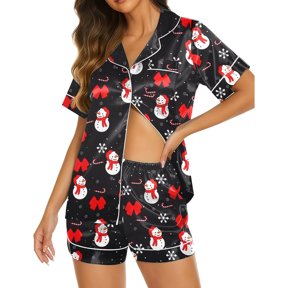 image:imageEkouaer Womens Pajamas Silk Satin Short Sleeve Button Down Pjs Shorts SetChristmas Black
