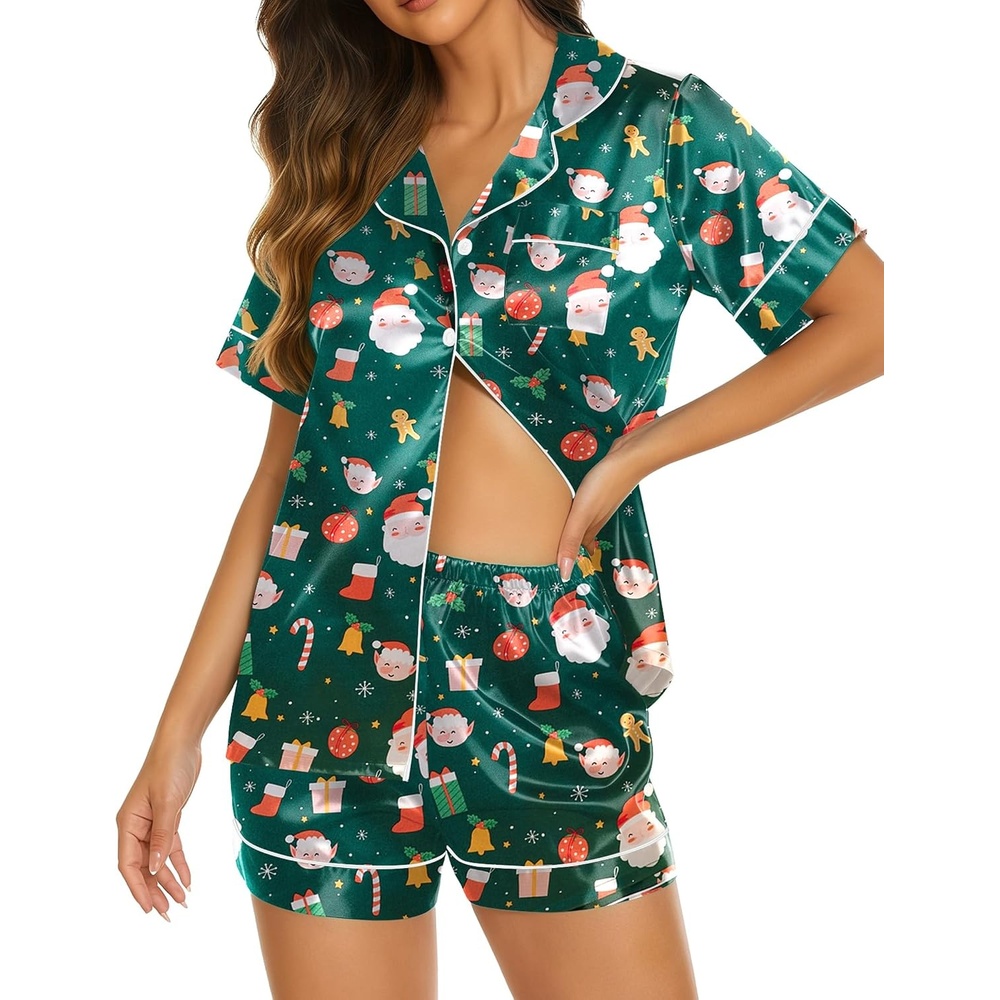 image:imageEkouaer Womens Pajamas Silk Satin Short Sleeve Button Down Pjs Shorts SetChristmas Green