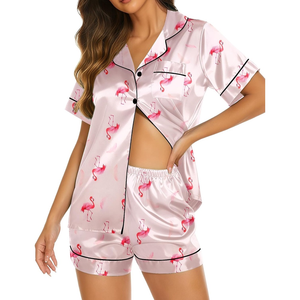 image:imageEkouaer Womens Pajamas Silk Satin Short Sleeve Button Down Pjs Shorts SetFlamingo Champagne