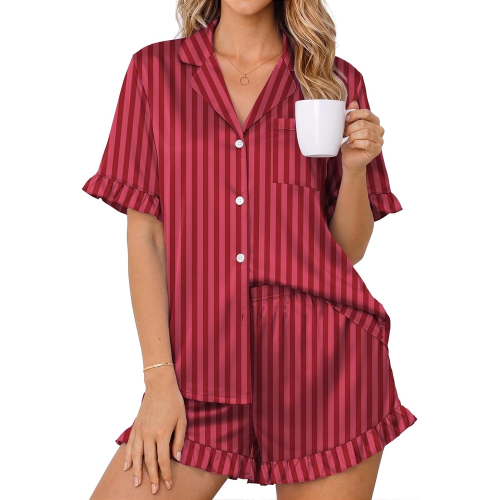 image:imageEkouaer Womens Satin Pajamas Set Button Up Silk Pjs Short Sleeve Shorts SetRed Pink Stripes