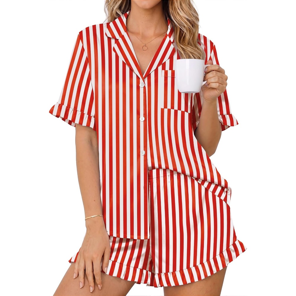 image:imageEkouaer Womens Satin Pajamas Set Button Up Silk Pjs Short Sleeve Shorts SetRed Stripes