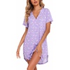 Ekouaer Nightgowns for Women Button Down Night Gown Short Sleeve Nightshirt(Purple Flower)