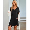 Ekouaer Nightgowns for Women Button Down Night Gown with Pockets(Black)