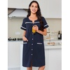 Ekouaer Nightgowns for Women Cotton House Dress with Pockets Button Duster(Navy Blue)