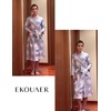 Ekouaer Robes for Women Long Waffle Knit Bathrobe Shawl Collar House Coats(Light Purple Floral/Small Waffle)