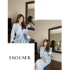 Ekouaer Robes for Women Long Waffle Knit Bathrobe Shawl Collar House Coats(Sky Blue/Small Waffle)