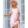 Ekouaer Satin Nightgowns for Women Silk Sleep Shirts V Neck T Shirt Dress(Pink Stripes)