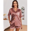 Ekouaer Satin Pajama Set for Women 2 Piece Pj Sets Short Sleeve Sleepwear(Brown)