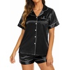 Ekouaer Womens Pajamas Silk Satin Short Sleeve Button Down Pjs Shorts Set(Black)