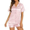 Ekouaer Womens Pajamas Silk Satin Short Sleeve Button Down Pjs Shorts Set(Leopard Pink)