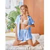 Ekouaer Womens Pajamas Silk Satin Short Sleeve Button Down Pjs Shorts Set(Light Blue)