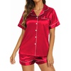 Ekouaer Womens Pajamas Silk Satin Short Sleeve Button Down Pjs Shorts Set(Red)