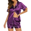 Ekouaer Womens Pajamas Silk Satin Short Sleeve Button Down Pjs Shorts Set(Purple)