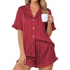 Ekouaer Womens Satin Pajamas Set Button Up Silk Pjs Short Sleeve Shorts Set(Red Pink Stripes)