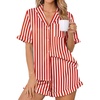 Ekouaer Womens Satin Pajamas Set Button Up Silk Pjs Short Sleeve Shorts Set(Red Stripes)