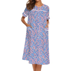 Ekouaer House Dress for Women with Pockets Duster Button Down Nightgown(Blue Flower)