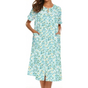 Ekouaer House Dress for Women with Pockets Duster Button Down Nightgown(Green Floral)
