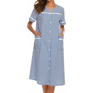 Ekouaer House Dress for Women with Pockets Duster Button Down Nightgown(Navy Stripes)