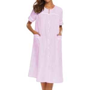 Ekouaer House Dress for Women with Pockets Duster Button Down Nightgown(Striped Pink)