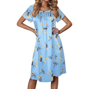 Ekouaer Nightgown for Women Satin Silk Night Gown Loose Plus Size Sleepwear(Blue Flower)