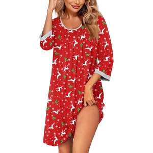 Ekouaer Nightgowns for Women 3/4 Sleeve Nightgown Pleated Sleepshirts(Christmas Elk)