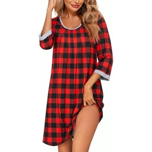 Ekouaer Nightgowns for Women 3/4 Sleeve Nightgown Pleated Sleepshirts(Plaid)