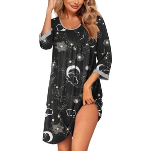 Ekouaer Nightgowns for Women 3/4 Sleeve Nightgown Pleated Sleepshirts(Star Moon Black)