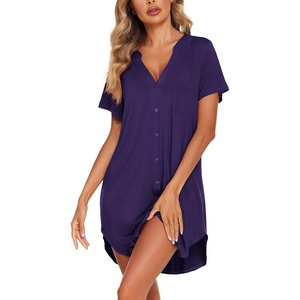 Ekouaer Nightgowns for Women Button Down Night Gown Short Sleeve Nightshirt(Blue Purple)