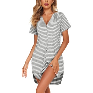 Ekouaer Nightgowns for Women Button Down Night Gown Short Sleeve Nightshirt(Pattern1_striped)