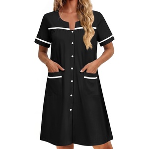 Ekouaer Nightgowns for Women Cotton House Dress with Pockets Button Duster(Black)