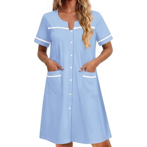 Ekouaer Nightgowns for Women Cotton House Dress with Pockets Button Duster(Light Blue)