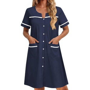 Ekouaer Nightgowns for Women Cotton House Dress with Pockets Button Duster(Navy Blue)
