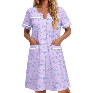 Ekouaer Nightgowns for Women Cotton House Dress with Pockets Button Duster(Purple Florals)