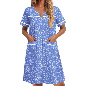 Ekouaer Nightgowns for Women Cotton House Dress with Pockets Button Duster(White Green Flower)