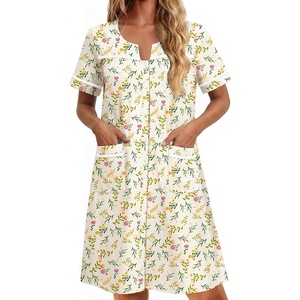 Ekouaer Nightgowns for Women Cotton House Dress with Pockets Button Duster(Yellow Green Leaf)
