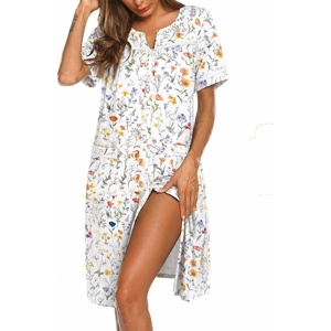 Ekouaer Nightgowns for Women House Dress with Pockets Button Down Sleepshirt Short Sleeve Nightshirt Housecoat(White Flowers)